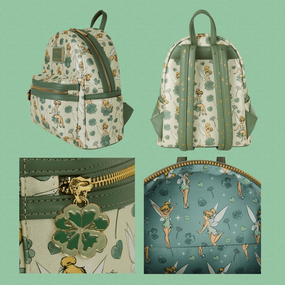 LOUNGEFLY Peter Pan Tinker Bell Clover All-Over Print Mini Backpack - Picture 2 of 6